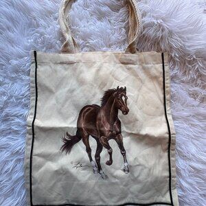 Horse Print Canvas Tote Bag With Woven Handles Beige Eco-Friendly Reusable Shopp